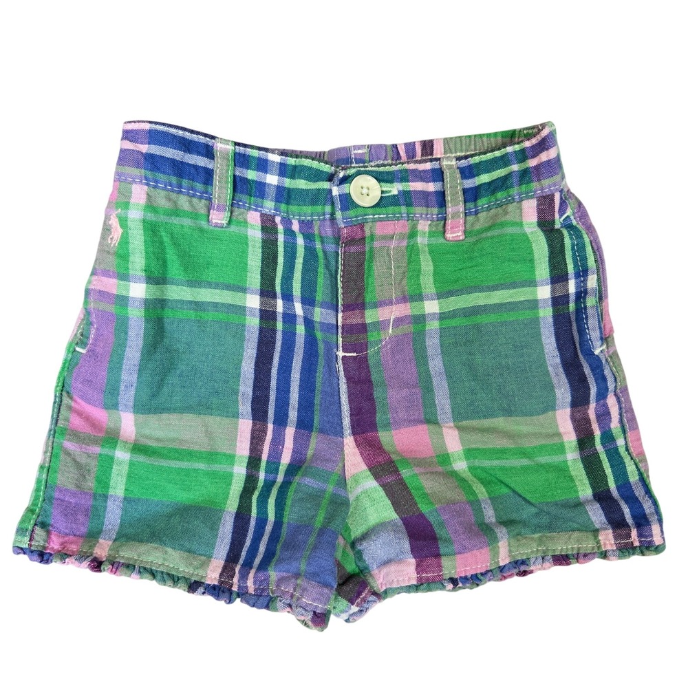 Ralph Lauren Toddler Girls 18M Madras Plaid Linen Cotton Ruffle Shorts Green